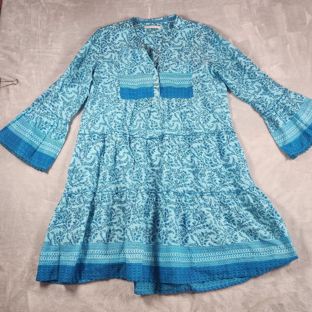 Lola Australia Tiered Indian‎ Cotton Blue Floral Print Tunic Dress Bell Sleeve M